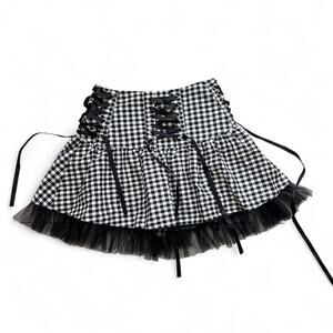 Black & White Gingham Skirt with Lace Up Detail, Small